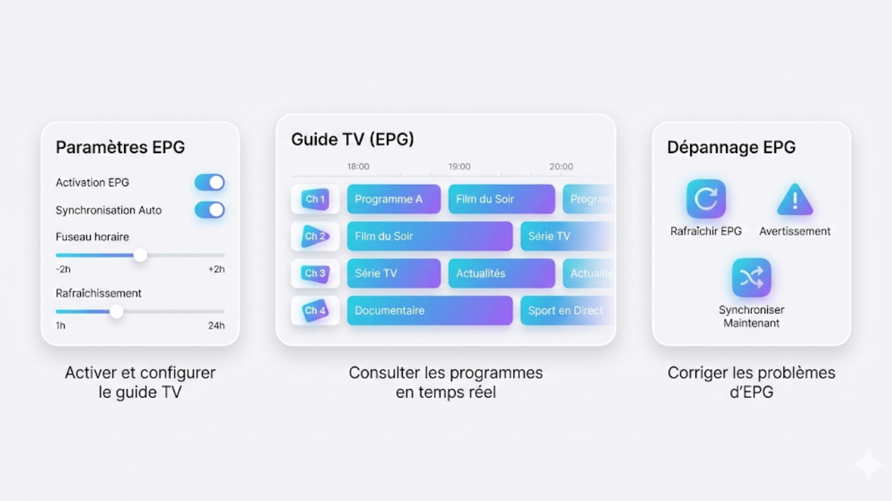 Interface EPG IPTV Smarters Pro montrant le guide TV, les paramètres EPG et les options de dépannage du guide électronique des programmes