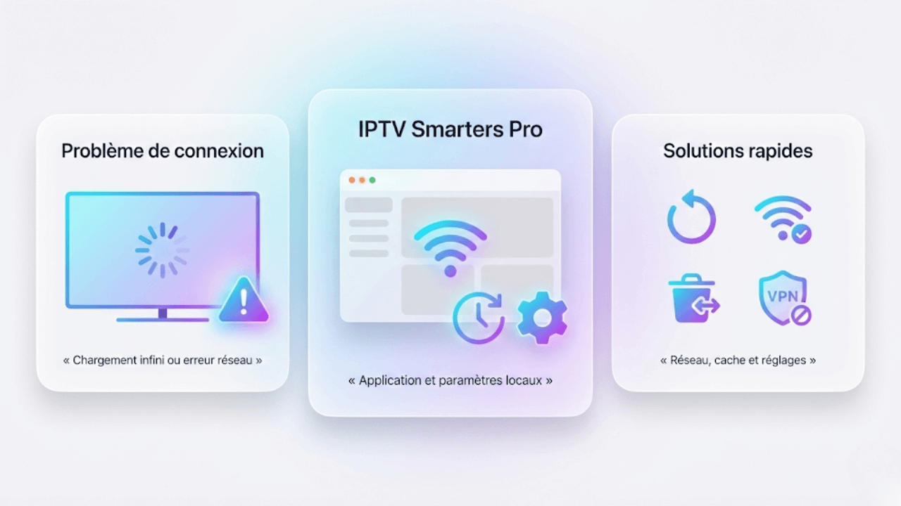 Illustration montrant un problème de connexion IPTV Smarters Pro avec solutions réseau, cache et réglages de l’application