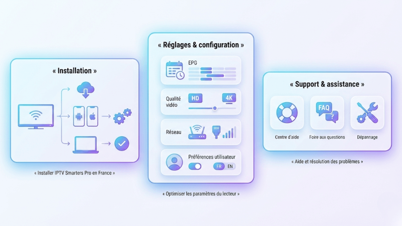 Illustration du guide complet IPTV Smarters Pro France montrant l’installation, les réglages et les options de support du lecteur IPTV