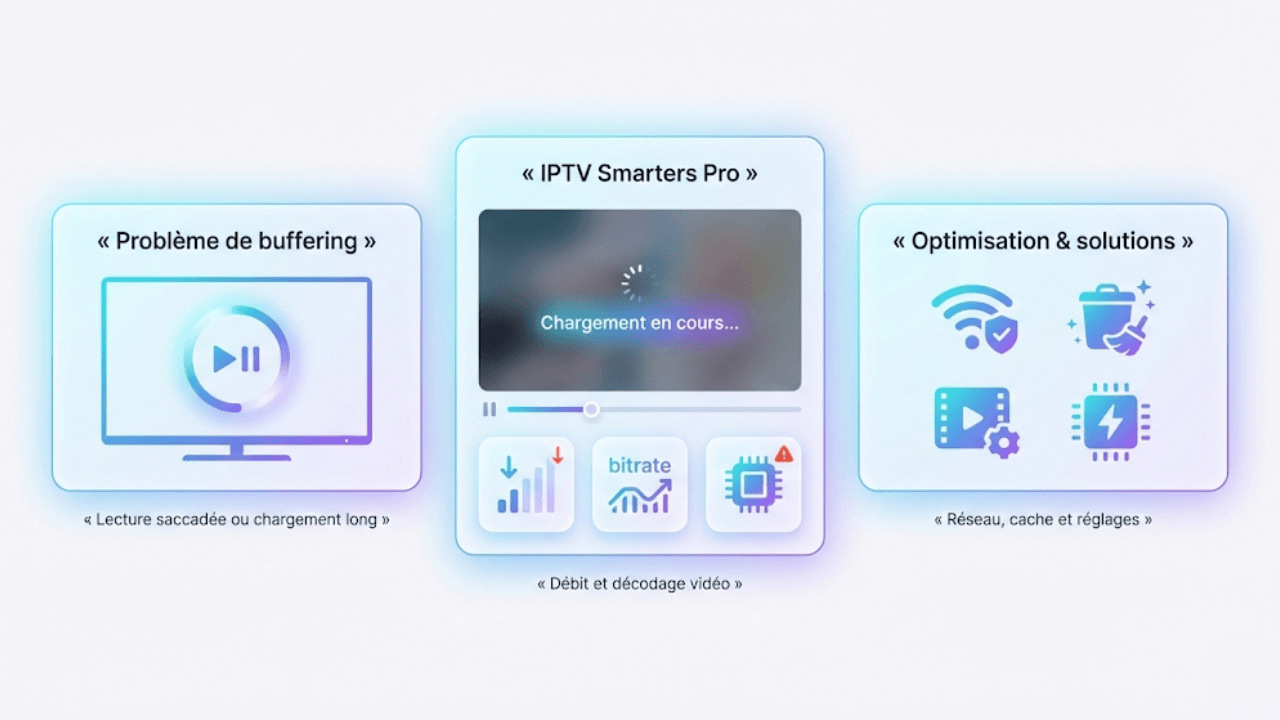 Illustration expliquant le buffering IPTV Smarters Pro avec problèmes de lecture vidéo et solutions de réseau et réglages