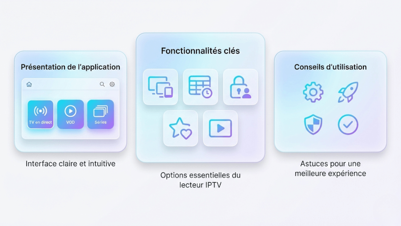 Interface de l’application IPTV Smarters Pro présentant ses fonctionnalités, son interface et des conseils d’utilisation