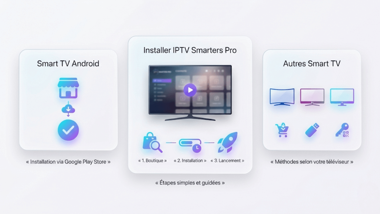 Illustration montrant comment installer IPTV Smarters Pro sur Smart TV selon le type de téléviseur et la méthode d’installation