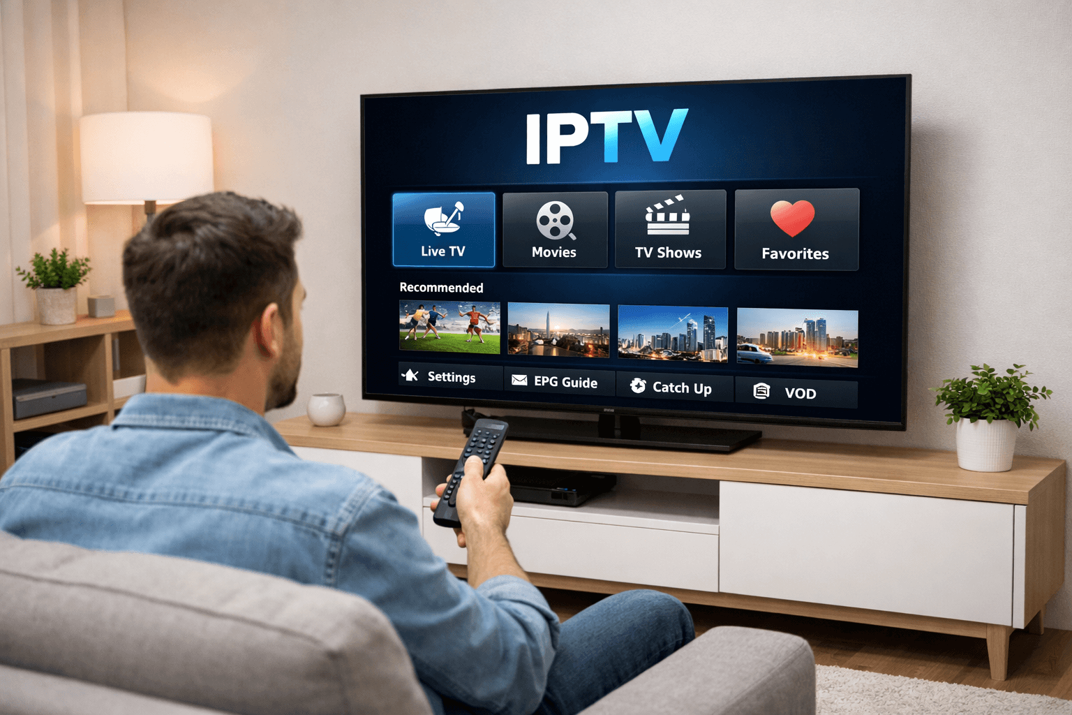 Utilisateur configurant IPTV Smart TV dans un salon moderne