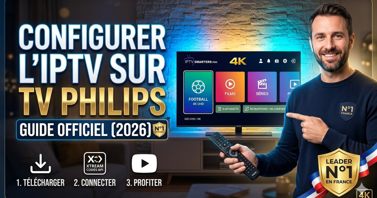Configuration de l'application IPTV Smarters Pro sur Philips Smart TV avec technologie Ambilight et flux 4K sans coupure.